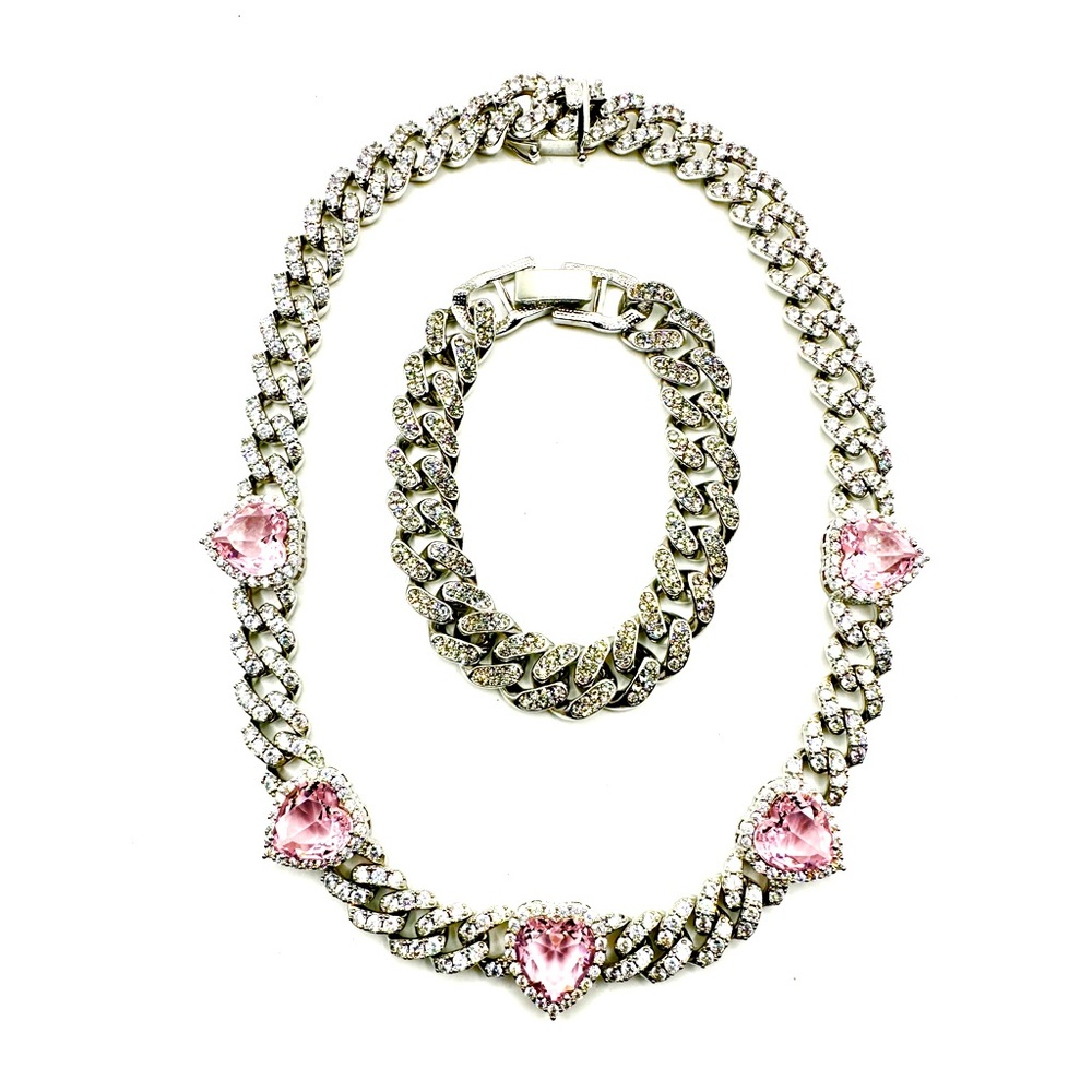 Iced Out Pink Heart Cuban Chain Set (Necklace + Bracelet)